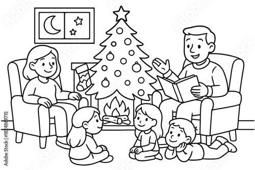 Christmas Storytime Coloring. Cozy Christmas reading children’s coloring book illustration, outlined drawing,