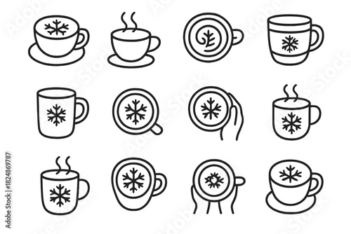Snowflake Coffee Icons. Winter coffee art. Line outline icon set of winter coffee art: cup of latte with