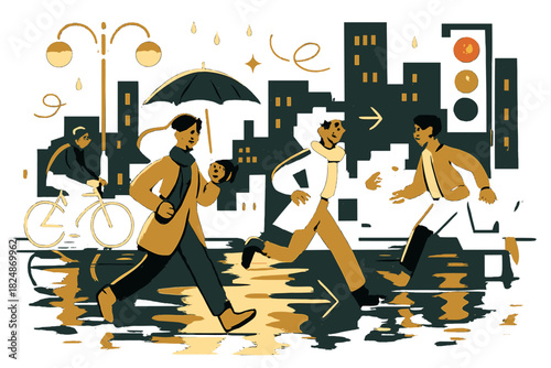 Vibrant Night Reflections. Night city with wet streets. Reflections of streetlights and traffic lights on