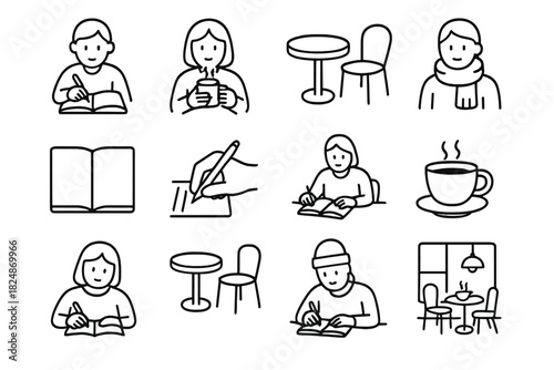 Festive Café Icons. Festive café journaling. Line outline icon set of festive café journaling: person writing