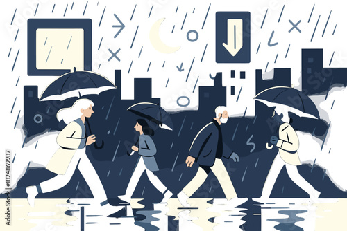 Rainy Urban Vibrance. Rainy night urban scene. Wet streets reflecting colorful signs, gentle falling rain,