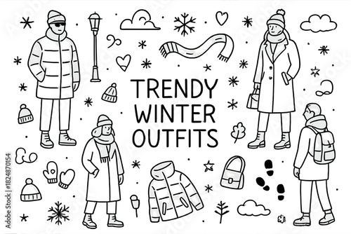 Winter Fashion Doodles. Trendy winter outfits. Hand-drawn doodle illustration of Trendy winter outfits. People
