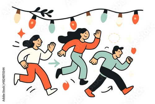 Festive String Lights. Festive holiday string of lights. Colorful bulbs glowing softly, draped along a branch