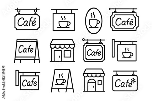 Festive Café Icons. Festive café signs. Line outline icon set of festive café signs: hanging café sign,