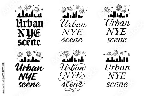 Calligraphy New Year Celebration. Urban NYE scene. Create a calligraphy lettering illustration of the phrase: