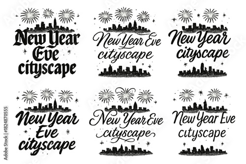 Festive Calligraphy Skyline. New Year Eve cityscape. Create a calligraphy lettering illustration of the phrase
