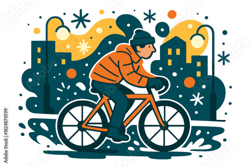 Urban Winter Cyclist. Evening winter ride. Cyclist moving through slushy city streets, soft glowing