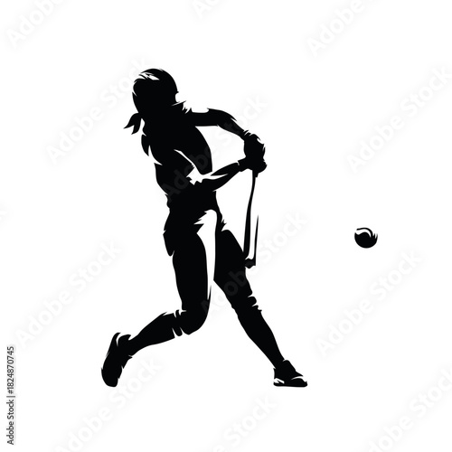Woman playing softball, batter. Isolated vector silhouette. Ink drawing. Team sport athlete