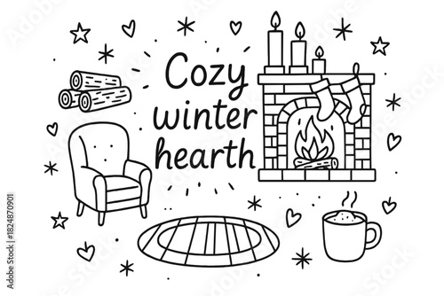 Cozy Winter Hearth Doodle. Cozy winter hearth. Hand-drawn doodle illustration of Cozy winter hearth. Fireplace