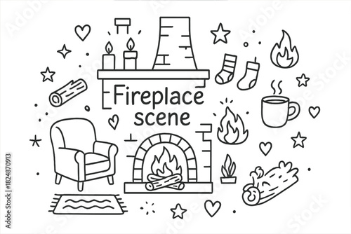 Cozy Fireplace Drawing. Fireplace scene. Hand-drawn doodle illustration of Fireplace scene. Fireplace, fire,