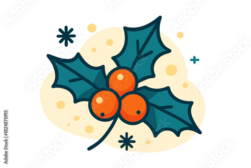 Winter Berry Elegance. Winter berry close-up. Holly leaves and berries with subtle floating snowflakes,