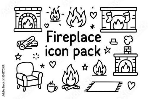 Cozy Fireplace Doodles. Fireplace icon pack. Hand-drawn doodle illustration of Fireplace icon pack. Fireplace,
