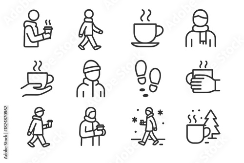 Winter Coffee Icons. Winter coffee stroll icons. Line outline icon set of winter coffee stroll icons: person
