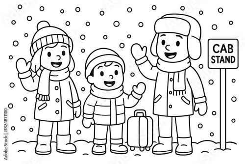 Winter Cab Stand. Holiday snow waiting children’s coloring book illustration, outlined drawing, people in warm