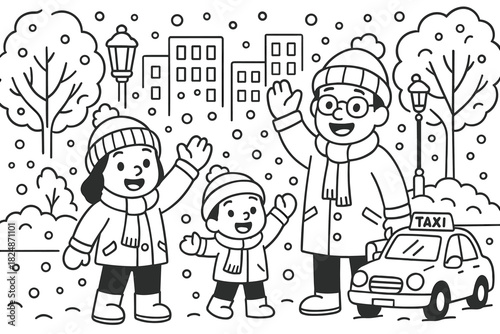 Snowy City Wait. City snow day children’s coloring book illustration, outlined drawing, cheerful people