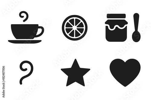Honey Lemon Tea Set. Honey Lemon Tea. Filled icon set of Honey Lemon Tea: teacup, saucer, lemon slice, honey