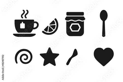 Tea Icon Collection. Tea with Honey. Filled icon set of Tea with Honey: teacup, saucer, lemon slice, honey jar