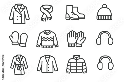 Winter Wardrobe Icons. Winter wardrobe icons. Line outline icon set of winter wardrobe icons: winter coat,