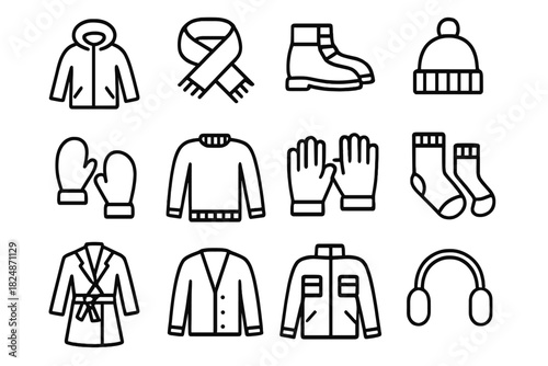 Winter Clothing Icons. Flat lay winter icons. Line outline icon set of flat lay winter icons: winter coat,