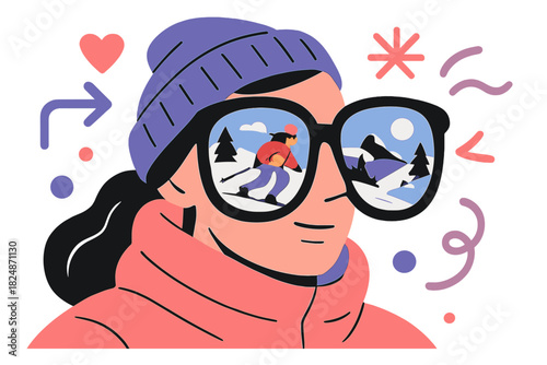 Winter Sunglasses Reflection. Winter reflection in sunglasses. Trendy eyewear capturing snowy landscape,