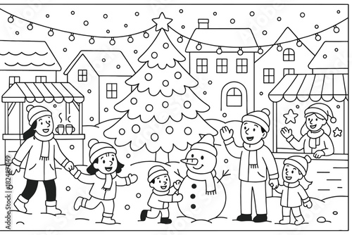 Winter Festival Coloring Page. Winter festival in the town square children’s coloring book illustration,