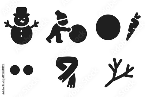 Winter Snowman Icons. Winter Snowman. Filled icon set of Winter Snowman: snowman, child, snowball, carrot nose