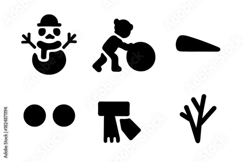 Snow Icons Collection. Snow Creation. Filled icon set of Snow Creation: snowman, child, snowball, carrot nose,