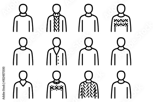 Cozy Knitwear Icons. Cozy knitwear set. Line outline icon set of cozy knitwear set: model with turtleneck