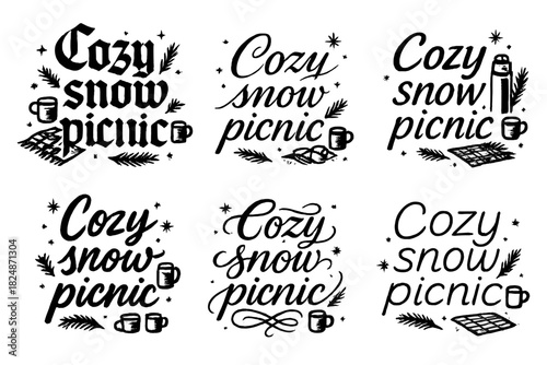 Cozy Snow Picnic Calligraphy. Cozy snow picnic. Create a calligraphy lettering illustration of the phrase: