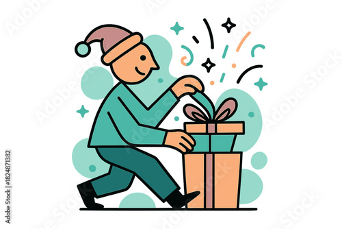 Gift Surprise Unwrap. Minimal gift surprise. Geometric person opening present, abstract floating sparkles and