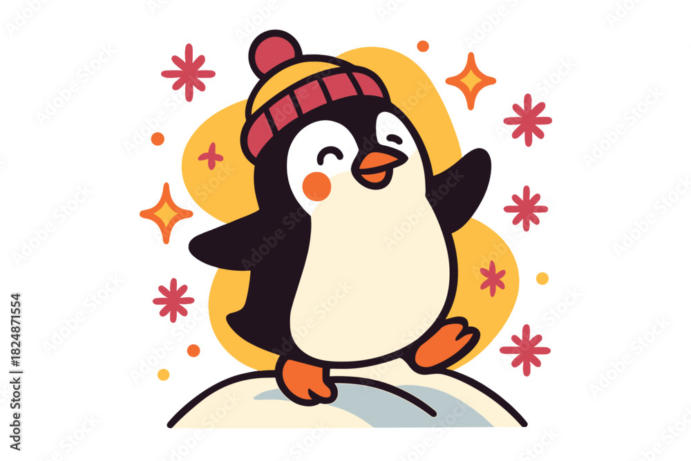 Fototapeta premium Playful Penguin Winter. Playful penguin winter. Penguin wearing colorful beanie, standing on snowy hill,