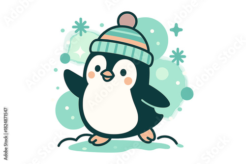 Festive Penguin Bliss. Festive winter penguin. Penguin in colorful beanie, soft floating snowflakes, abstract