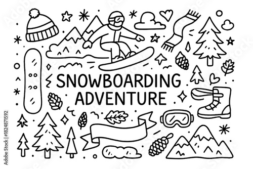Snowboarding Doodle Art. Snowboarding Adventure. Hand-drawn doodle illustration of Snowboarding Adventure.