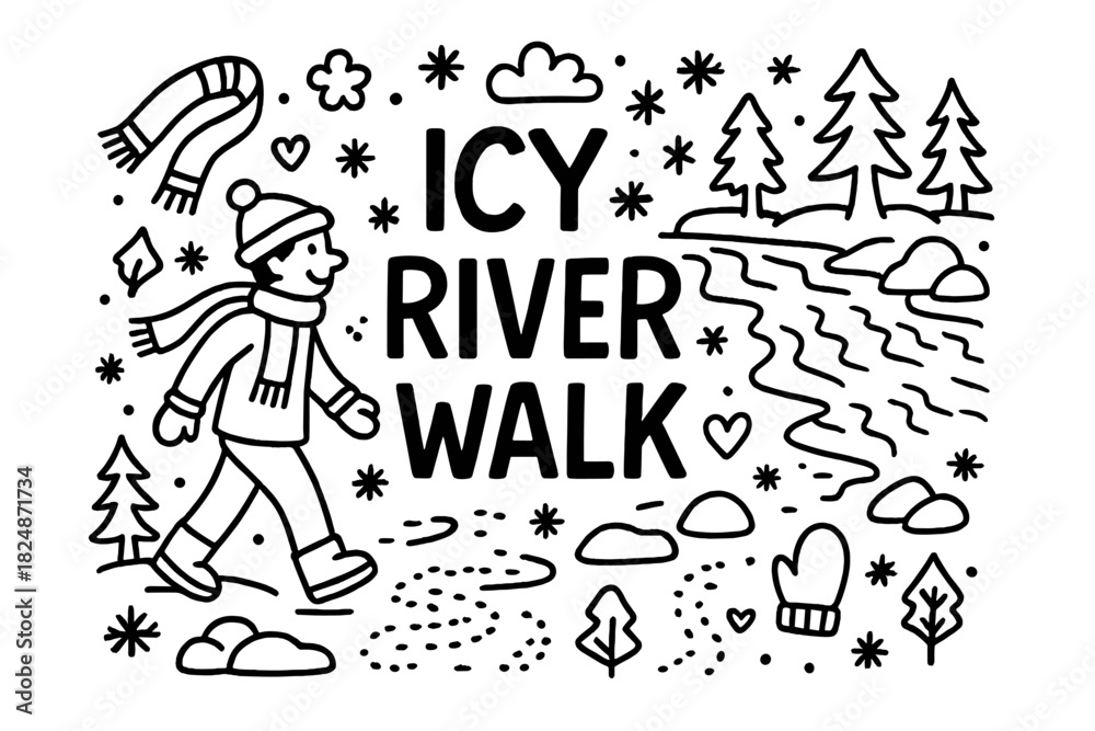 Obraz premium Icy River Walk. Icy River Walk. Hand-drawn doodle illustration of Icy River Walk. Person, frozen river, snow,