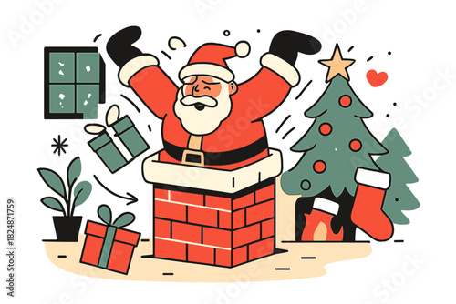 Santa's Chimney Dilemma. Comical Santa stuck in chimney. Santa with red suit, black boots, chimney snugly