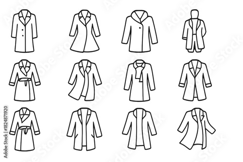 Winter Coat Icons. Winter wool coat icons. Line outline icon set of winter wool coat icons: long wool coat,