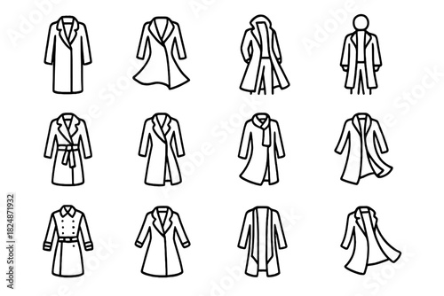 Flowing Wool Coat Icons. Flowing wool coat icons. Line outline icon set of flowing wool coat icons: long wool