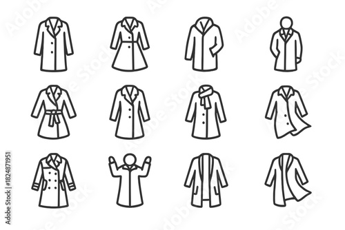 Cozy Winter Outerwear Icons. Cozy winter outerwear. Line outline icon set of cozy winter outerwear: long wool