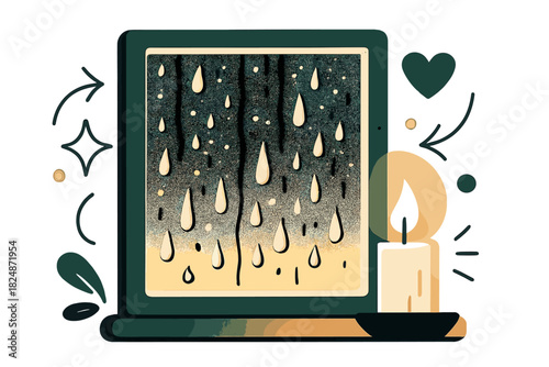 Cozy Condensation Glow. Winter window condensation. Drops and streaks on glass, candle casting warm glow on