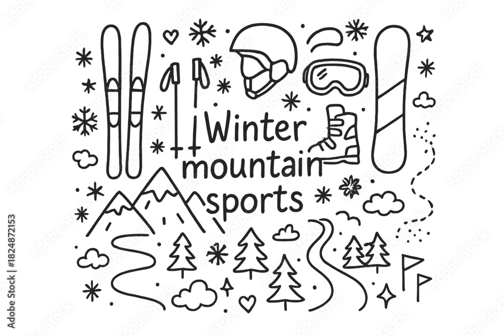 Obraz premium Winter Sports Doodle. Winter mountain sports. Hand-drawn doodle illustration of Winter mountain sports. Skis,