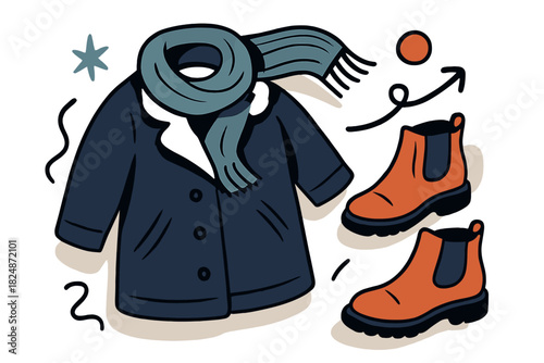 Stylish Winter Fashion. Winter outfit flat lay. Cozy coat, knitted scarf, leather boots arranged on neutral