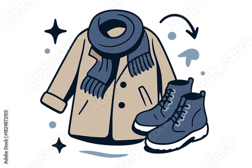 Winter Outfit Flat Lay. Stylish cozy outfit flat lay. Warm coat, knitted scarf, boots arranged aesthetically,