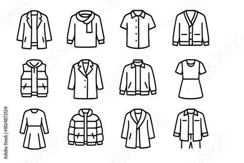 Winter Fashion Icons. Winter fashion layering. Line outline icon set of winter fashion layering: long coat