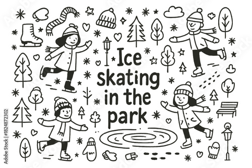 Park Ice Skating Doodle. Ice skating in the park. Hand-drawn doodle illustration of Ice skating in the park.