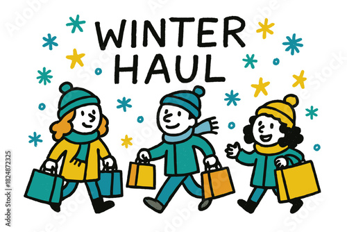 Winter Shopping Doodles. Winter Haul — Doodle / Sketch: hand-drawn uneven letters; doodled people, shopping