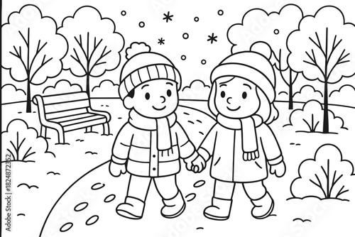 Winter Park Stroll. Cozy park winter walk children’s coloring book illustration, outlined drawing, couple