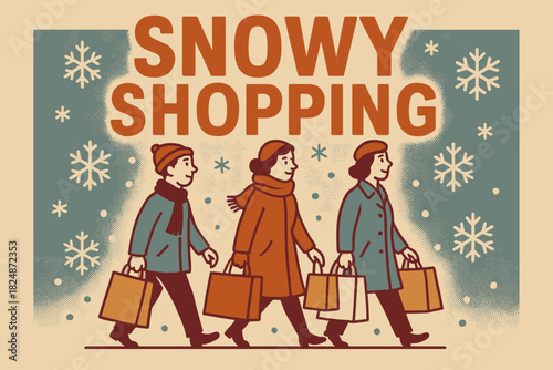 Retro Snowy Shopping. Snowy Shopping — Retro Poster (alt): condensed sans-serif; centered composition with