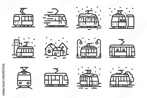 Winter Tram Icons. Winter urban transport. Line outline icon set of winter urban transport: tram on tracks,