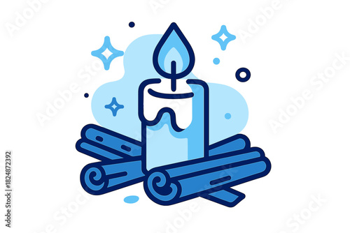 Candlelit Cinnamon Glow. Candlelight and cinnamon sticks. Lit candle surrounded by cinnamon sticks and subtle