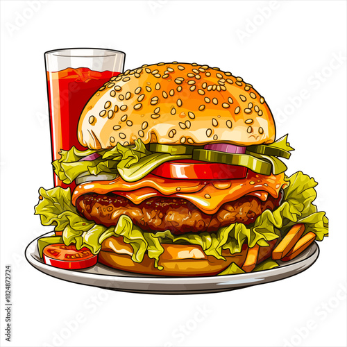 Cartoon vector illustration of a large, juicy cheeseburger with a sesame seed bun, lettuce, tomato, and pickles. Served on a plate with french fries and a glass of red soda